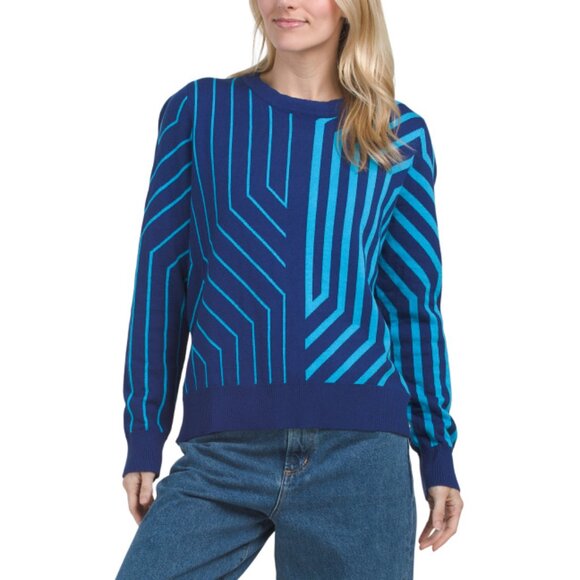 EDINBURGH KNITS marine Geometric Crew Neck Sweater - Picture 1 of 2
